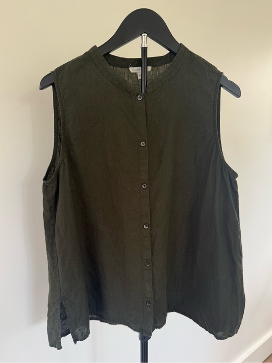 Eileen Fisher Tops - Eileen Fisher Sleeveless Olive Button-Front Linen Top